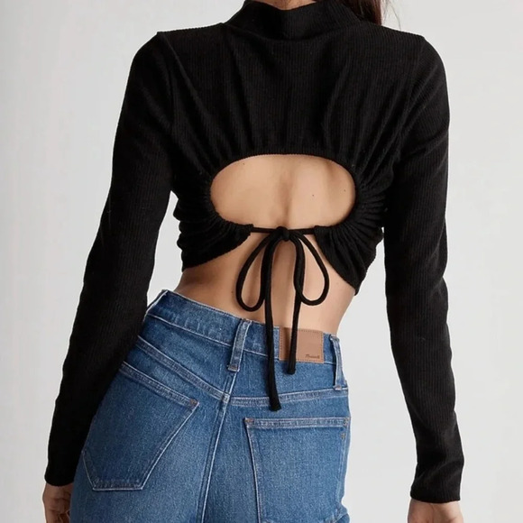 MADEWELL RIBBED MOCKNECK OPEN BACK CROPPED TOP LONG SLEEVES RUCHED TIE DETAIL - Picture 1 of 9